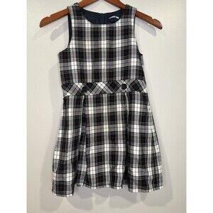 Lands' End Girls Blue Green Plaid Sleeveless Dress Pleated Button Size 7 Holiday